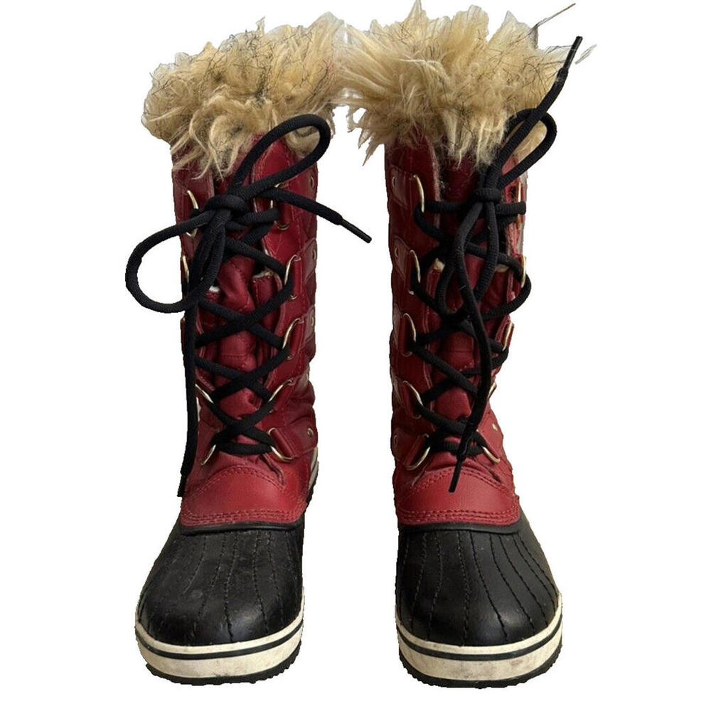 Sorel Joan of Arc Red Waterproof Snow Boots Womens 7 Faux Fur Quilted Winter - Picture 2 of 9